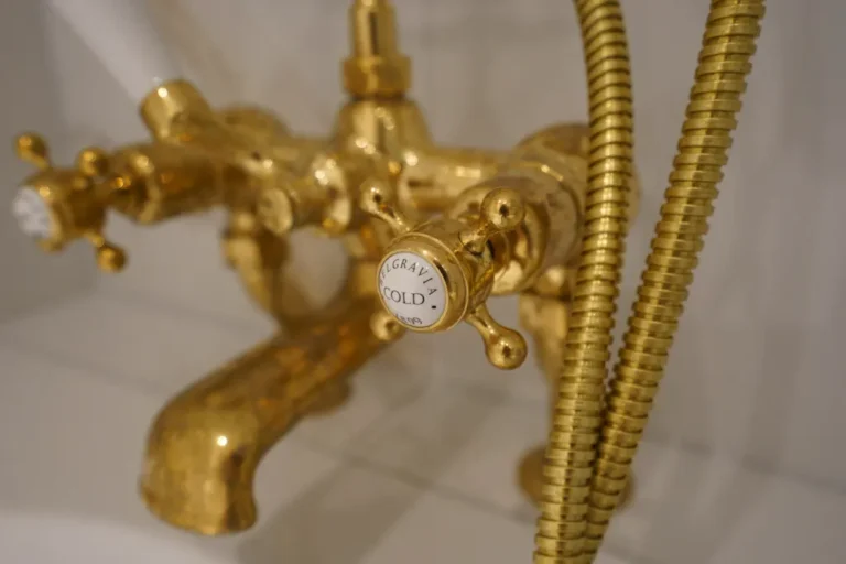 Detail of a classic brass bath mixer with a hand shower