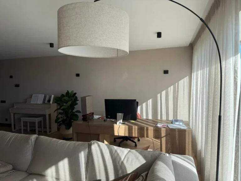 Living room corner with a home-office desk and an arc floor lamp
