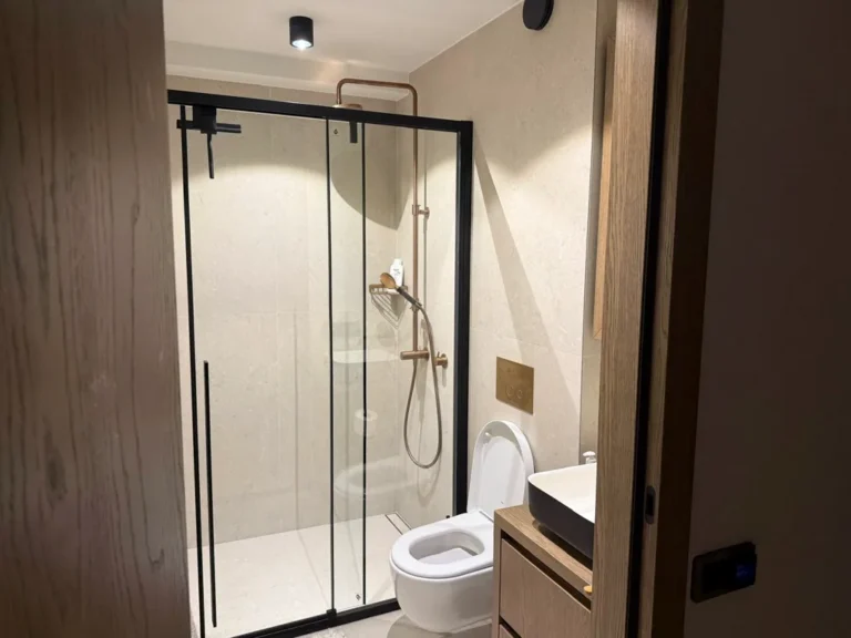 Modern bathroom with a black-framed walk-in shower