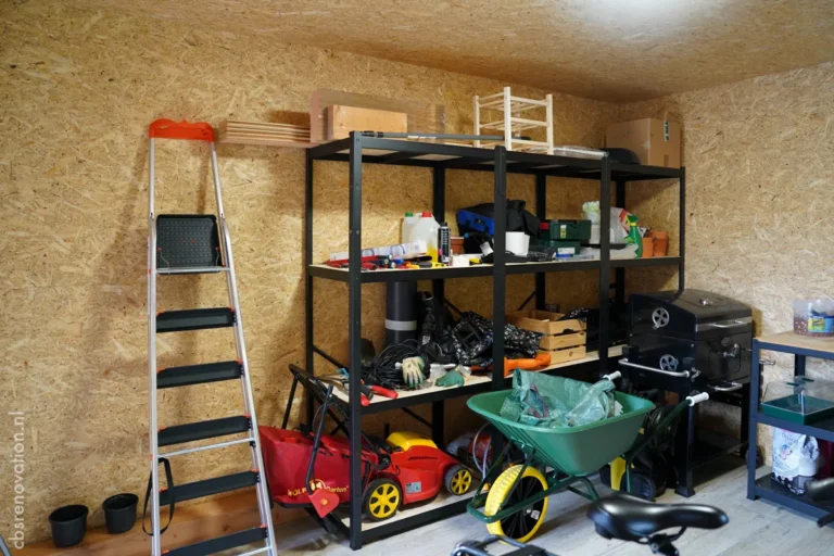 Storage room with shelving for garden tools and equipment