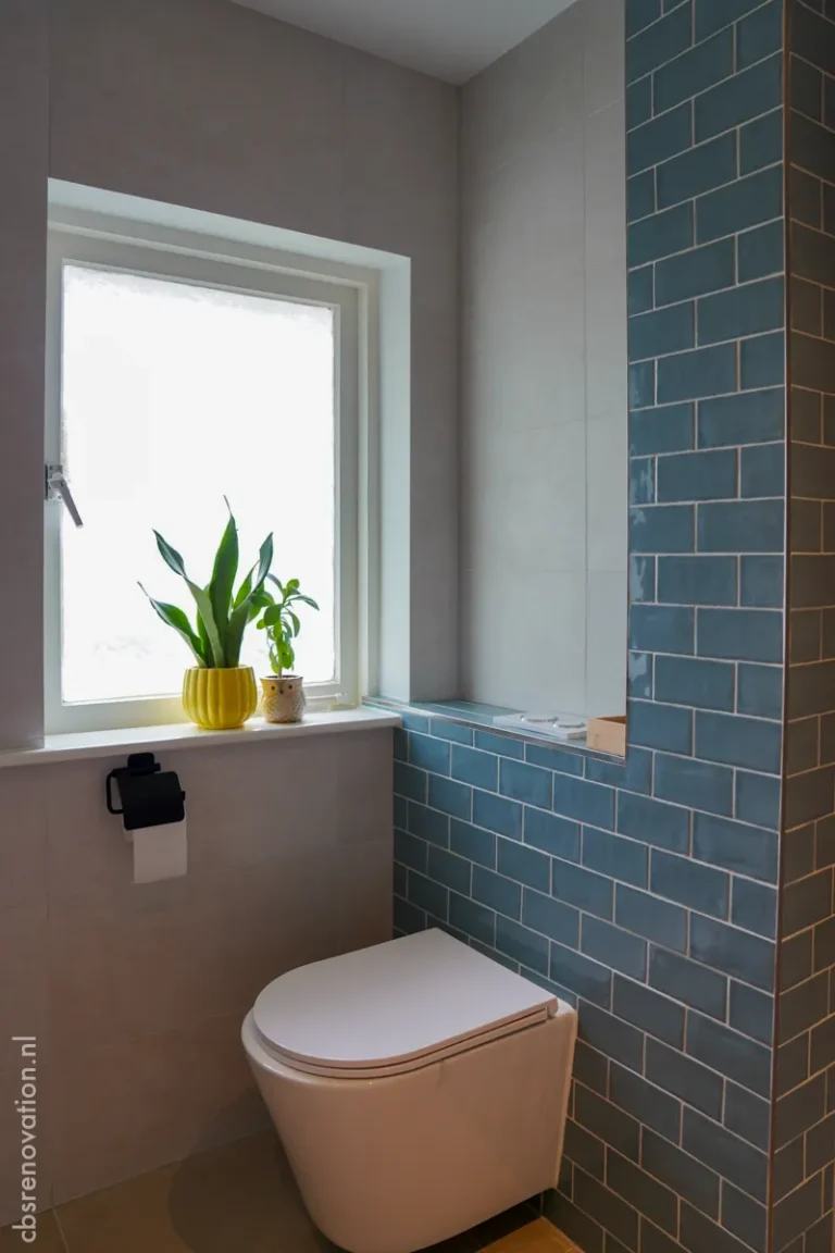 Toilet with blue wall tiles and a window
