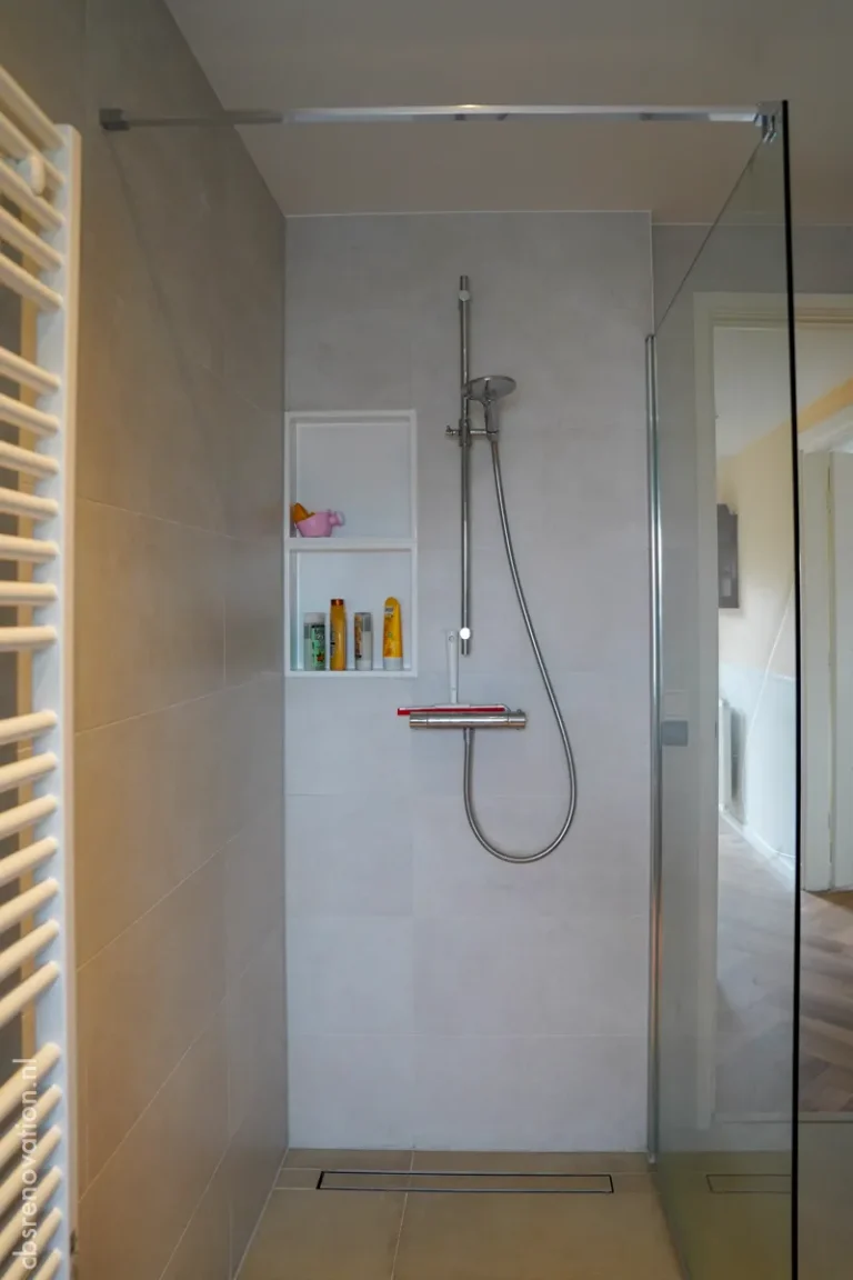 Glass walk-in shower with a recessed niche in a tiled bathroom