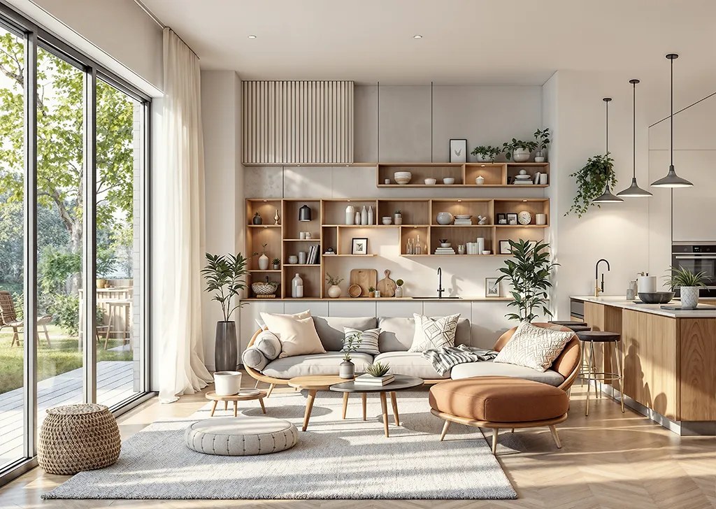 Modern interieur met woonkamer, open kast en keuken