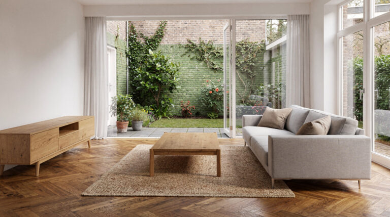 A bright Dutch living room with elegant herringbone parquet flooring, soft daylight, oak furniture, and a view of a green brick garden.