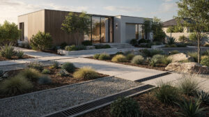 Modern house with a gravel garden, ornamental grasses and linear drainage channels along the paved paths
