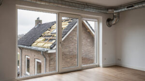 A Dutch brick house with a newly insulated roof section and visible heat recovery ventilation ducts, viewed through a bright upstairs room in soft overcast daylight.