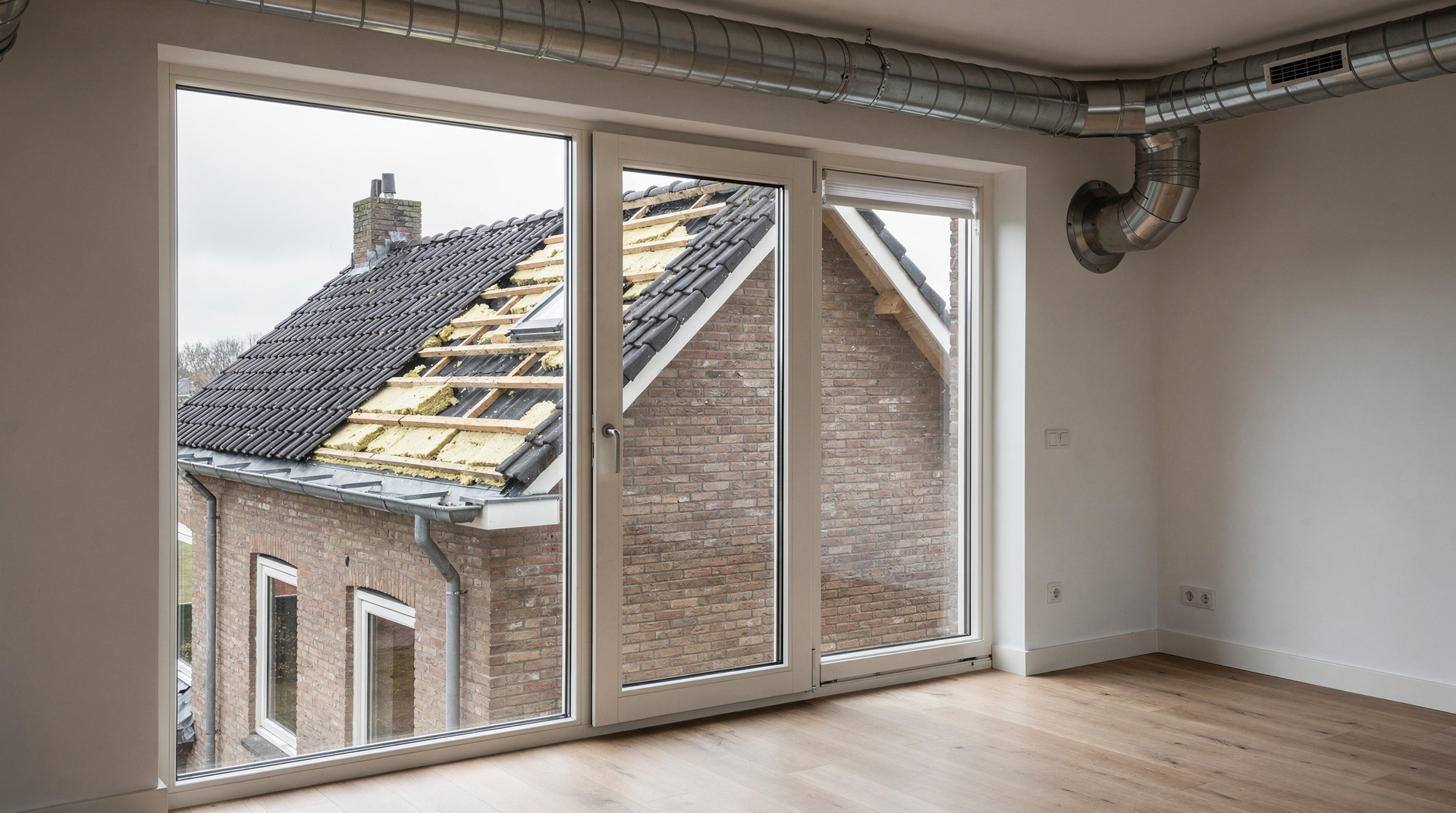 A Dutch brick house with a newly insulated roof section and visible heat recovery ventilation ducts, viewed through a bright upstairs room in soft overcast daylight.