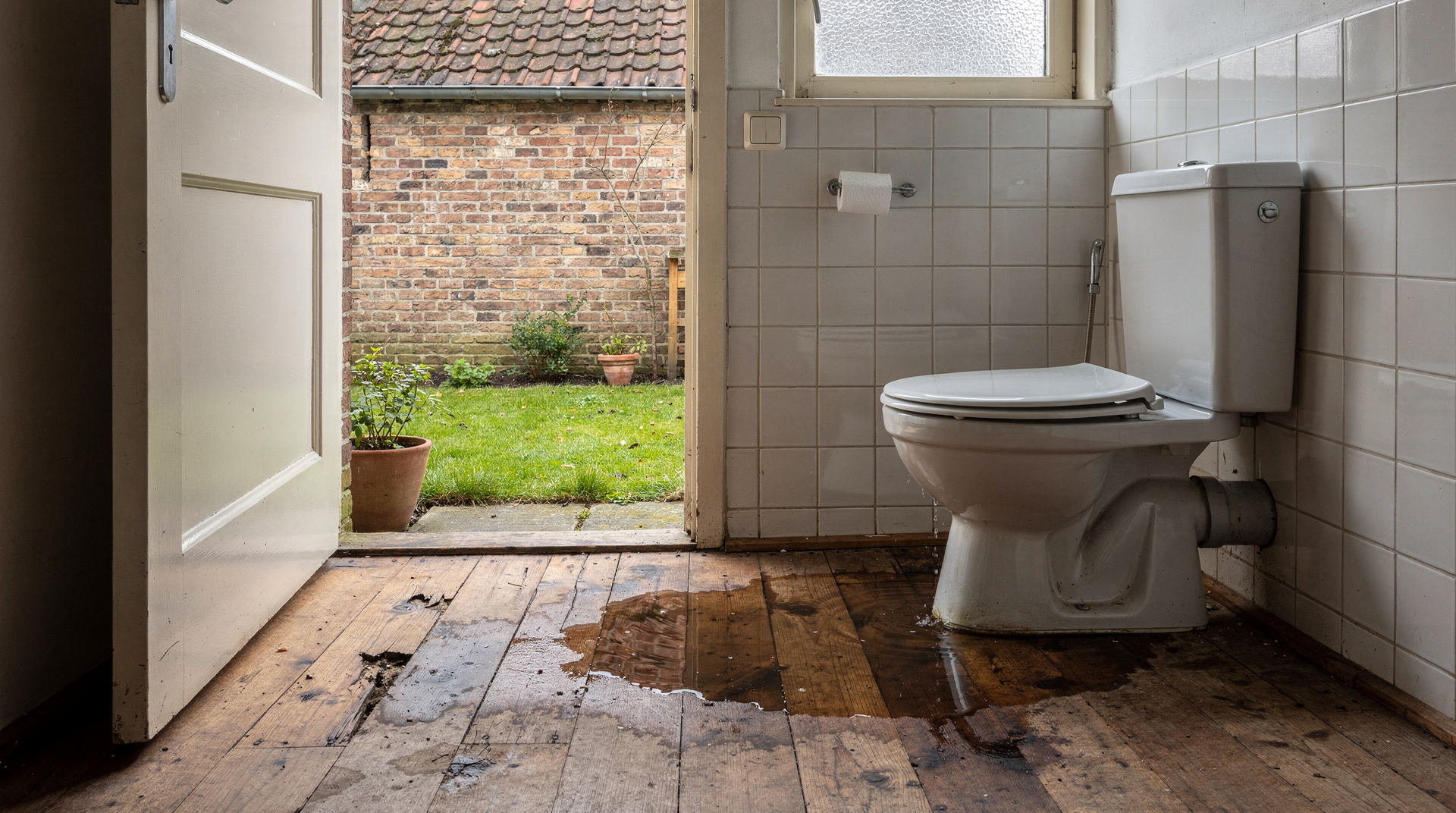 A Dutch bathroom with a leaking toilet beside damp floorboards, viewed through an open door to a brick house garden under soft daylight.