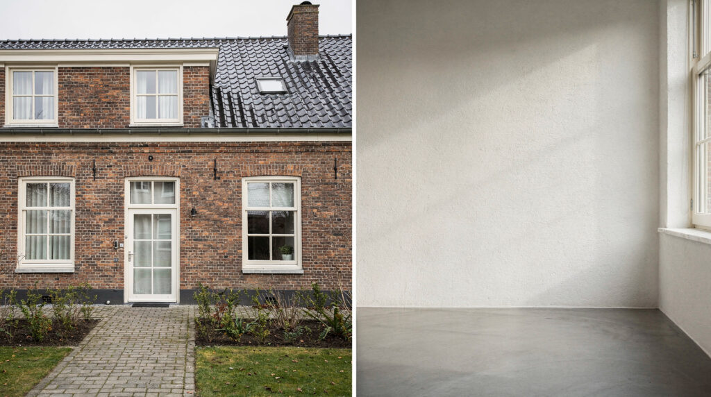 A Dutch home exterior with a brick facade beside a softly lit interior room showing a smooth stucco wall and microcement finish.