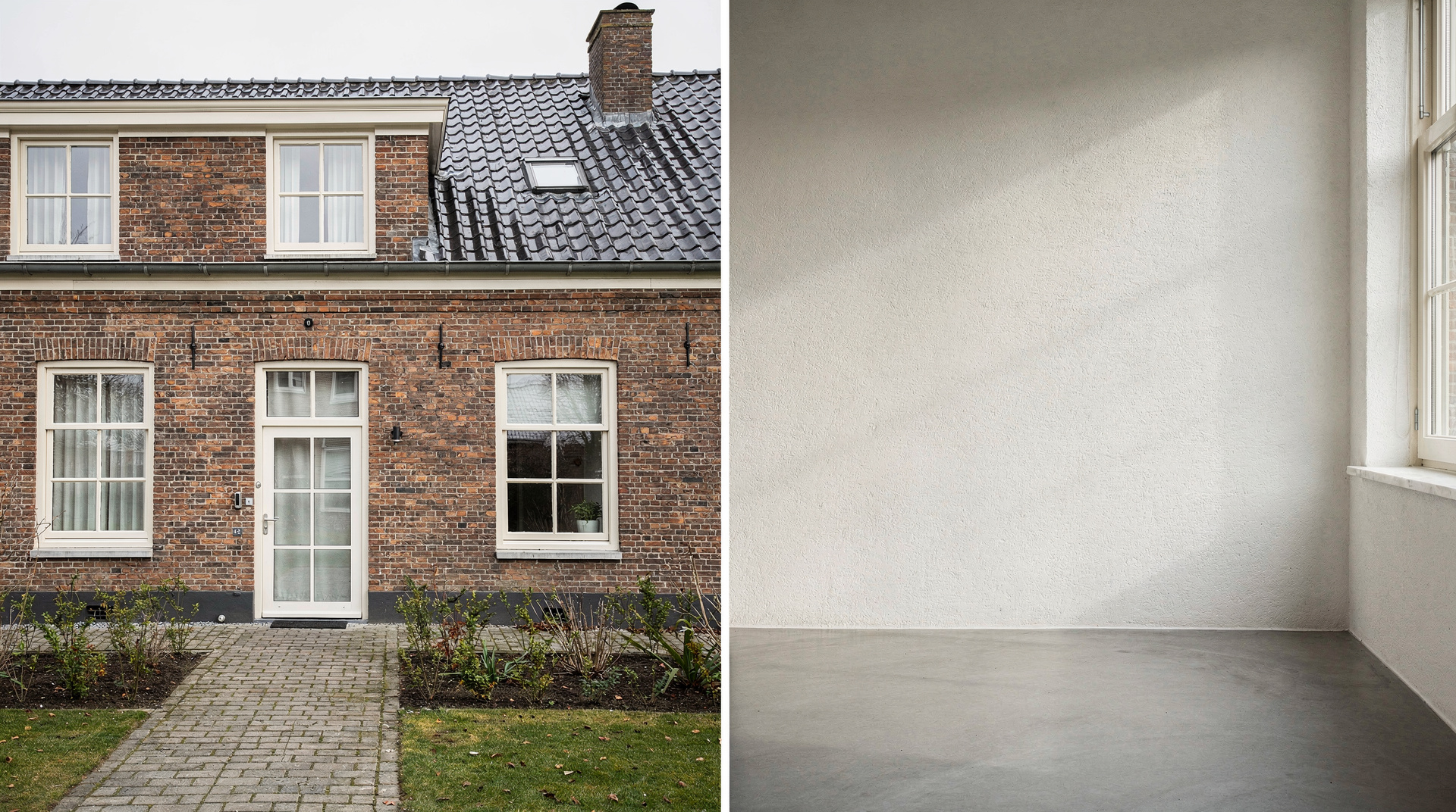 A Dutch home exterior with a brick facade beside a softly lit interior room showing a smooth stucco wall and microcement finish.
